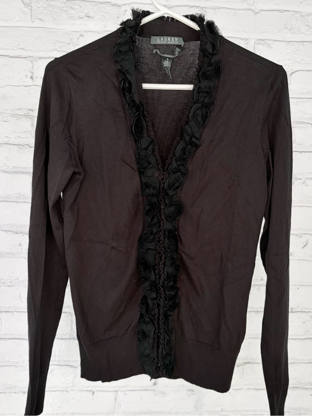 LAUREN RALPH LAUREN Black Cardigan with Rosette Ruffle Trim